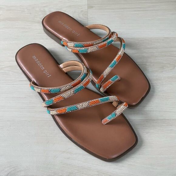 Madden Girl NEW Beaded Strappy Sandals Teal Coral Size 8 - Picture 6 of 12